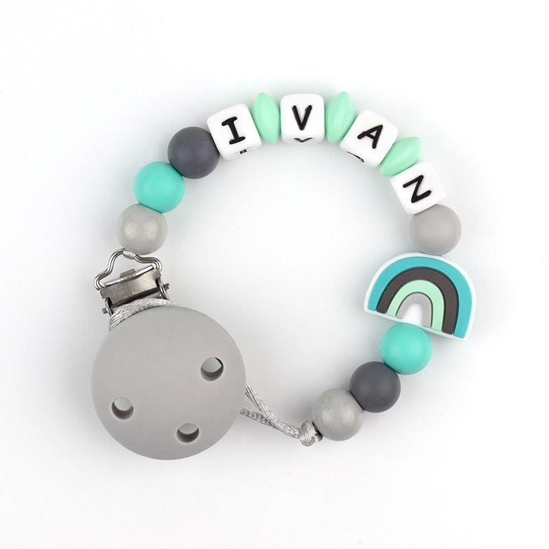 Chupetero Cadenita Silicona Personalizada Mi Pipo Arco Iris Menta - Nanetes #